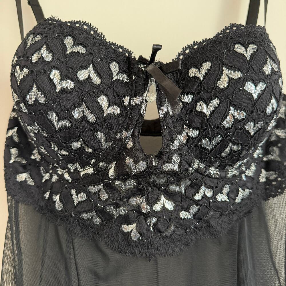 Vintage Y2K Native Intimates Black & Silver Hearts Sheer Mesh Babydoll Size 36C - Picture 2 of 6